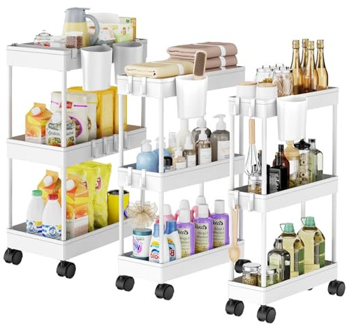 Shrivee Pack of 3 Carrito Auxiliar Baño con Ruedas 3 Niveles Ahorro de Espacio Carro Organizador con Ganchos y Tazas de Cocina Oficina (Blanco)