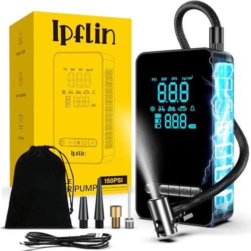 Compresseur à Air Portatif, Gonfleur Pneus Voiture sans Fil avec LED et Port C USB 150 PSI, Batterie Rechargeable, Inflation Rapide, Compresseur, Arrêt Automatique, pour Voiture, Vélos et Motos