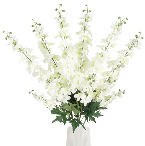 Rzoukler 6Pcs White Delphinium Artificial Flowers 37.4’’ Long Stem Larkspur Artificial Flowers Faux Silk Flowers for Tall Vase Table Centerpiece Home Wedding Party Garden Decor(White)