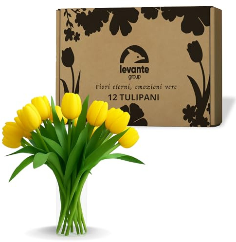 levante group – Tulipani Finti Realistici in Lattice Giallo – 12 pz in Box Regalo – Fiori Artificiali per Casa, Ufficio, Eventi