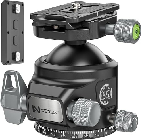 Tripod Ball Head with Knob Clamp 55mm Heavy Duty Ball Head with Mlok Rail Arca Swiss Quick Release Plate, WEYLLAN KH55 Low Profile Camera Tripod Head Mount for Hunting Photography Max Load 88lbs/40kg
