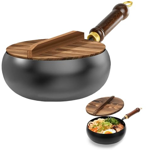 Padella in ferro giapponese con coperchio in legno, 28 cm, naturalmente antiaderente e senza rivestimento chimico, padella in ferro battuto per induzione, elettrica e piano cottura a gas
