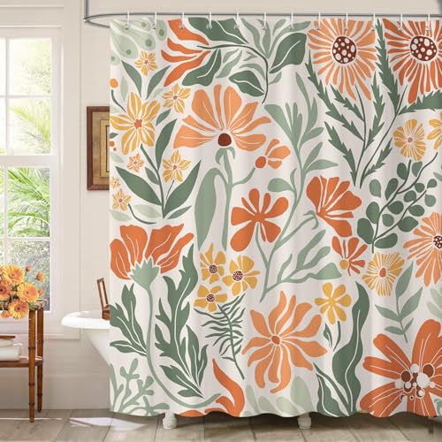 Cortina de Ducha Boho Floral 180 x 180 cm, Naranja Verde Flores Mid-Century Retro Bohemio Plantas Hojas Cortina de Baño, Impermeable Antimoho Poliéster con 12 Ganchos