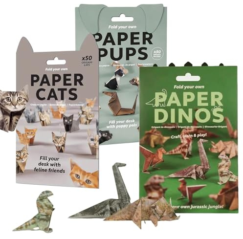 DIY Paper Cats Origami Kit, 3 Set 150 PCS 3D Handmade Cat Dog Dinosaur Origami Creative Origami Animal Shaped Decor Kit Fun Craft Activity for Adults Cute Handmade Printed Gift for Pet Lovers