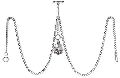 TREEWETO Taschenuhrkette mit T Bar Endstück Gesamtlänge 72cm Doppel Albert T-Bar Taschenuhr Kette mit Antiker Schild-Anhänger und 3 Haken für Weste Knopfloch Silber