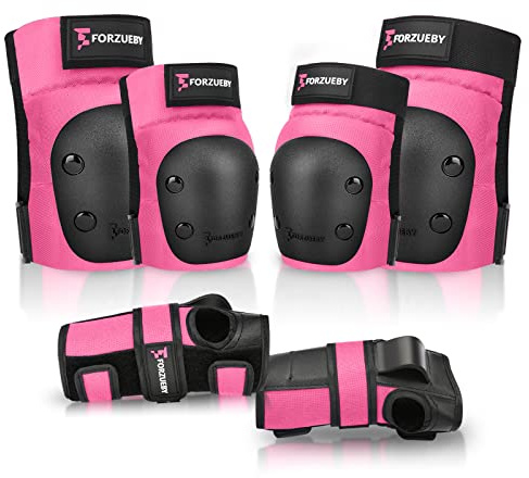 Forzueby Protège-Genoux pour Adultes/Enfants Protège-Coudes Protège-Poignets 6 en 1 pour Patins à roulettes, Skateboard, Scooter, BMX, etc. (XS, Rose foncé)