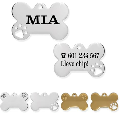 Ibera Gifts - Chapa Perro Grabada De Acero Inoxidable En Forma De Hueso, Tamaño 25 x 16 mm, Placa Perro Personalizada Para Cachorros y Mascotas Muy Pequeñas (Peq. 1 Huella)