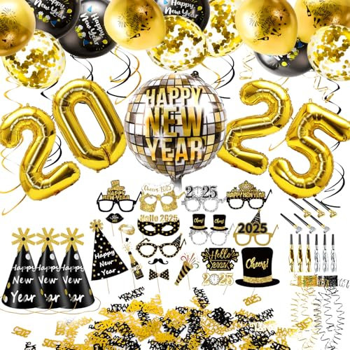 iZoeL Silvester Deko 2025 Party Set Gold Folienballon 2025 Happy New Year Deko Banner Luftballon Silvester Fotorequisiten Partytröten Metalic Luftschlangen Konfetti Spiral Neujahr Partydeko 2023