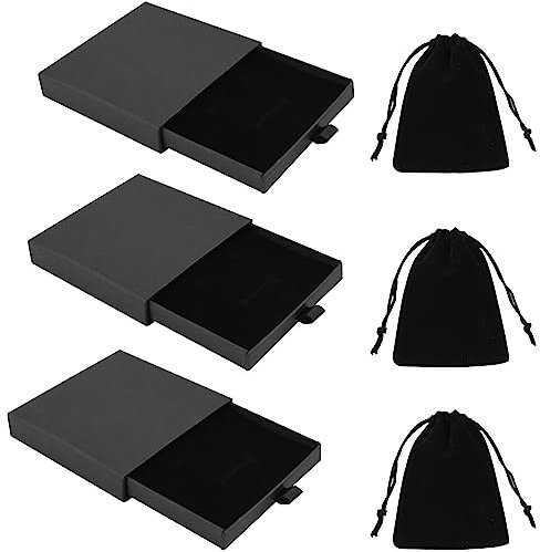 3pcs Jewelry Gift Boxes with 3pcs Velvet Bags,Bracelet Cardboard Jewelry Box Black Kraft Square Gift Box Jewellery Necklace Ring Storage for Valentine's Day Birthday Christmas