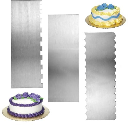 Cake Scraper, ADERTOS 3 PCS 9 Inch Stainless Steel Cake Edge Scraper Metal Cake Smoother Icing Frosting Buttercream Comb Double Sided Pastry Cutter Cake Decorating Tools for Cream Cake Decorating