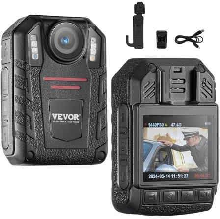 VEVOR 1440P HD Polizei-Körperkamera, 64 GB Bodycam mit Audio-Video-Aufnahmebild, eingebauter 2850 mAh-Akku, 2,0 LCD, Infrarot-Nachtsicht, wasserdichte persönliche Bodycam für die Strafverfolgung