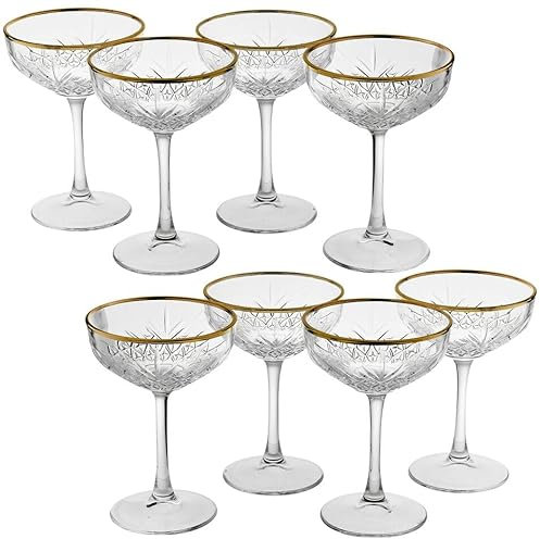 Queensway Home & Dining 255ml Stemmed Champagne Glasses Set with Gold Rim, Elegant Glassware for Sparkling Wine, Cocktails, Perfect for Parties, Weddings and Special Occasions (Set of 8)