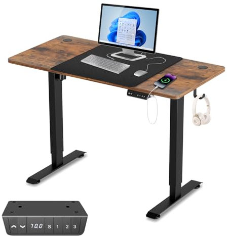 Vigevee Bureau électrique réglable en hauteur avec fonction mémoire, port de charge USB-A et technologie anti-collision, 120 x 60 cm, marron