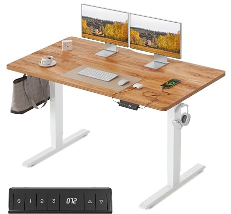 FEZIBO Höhenverstellbarer Schreibtisch mit USB-A und USB-C-Ladeanschlüssen, 120 x 60 cm Steh-Sitz Tisch, Schreibtisch Höhenverstellbar Elektrisch, Ergonomischer Computertisch Homeoffice, Hellbraun