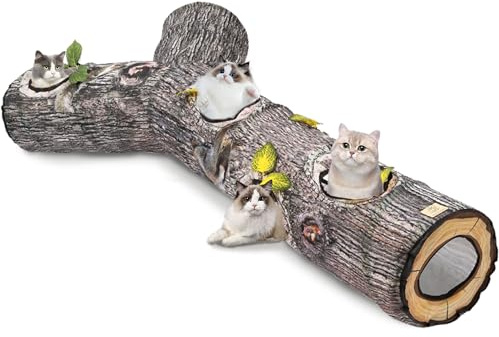 Tree Trunk Cat Tunnel - Cat Tunnels for Indoor Cats, Cat Bed Tree Hole Toy with Three Channels and Leaves, Foldable & Easy to Store, Suitable for Cats and Other Small Animals to Chase and Play