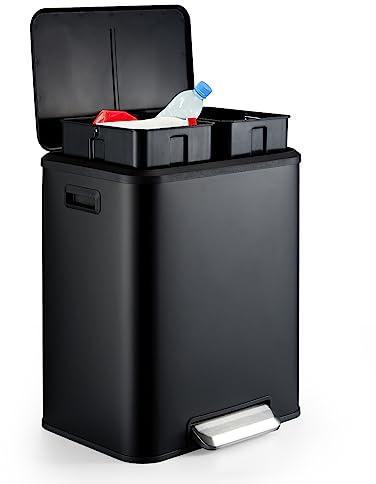 dainslef Kitchen Trash Can, 2x4 Gallon Rectangular Kitchen Waste Bin, Dual Separate Compartment Recycle Bin with Removable Plastic Inner Buckets, Soft Step-on with Lid