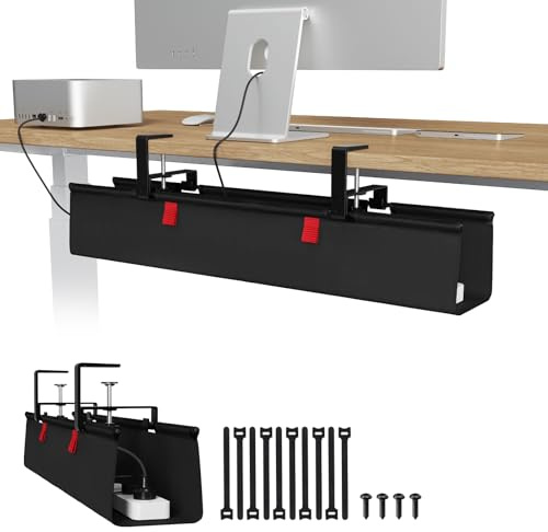 Univivi Under Desk Cable Management Tray No Drill, 28 inch Cable Management | Clamp/Screw Mount Desk Cable Tidy, Premium Fabric Cable Management Tray, Large Capacity Cord Organiser for Office, Home