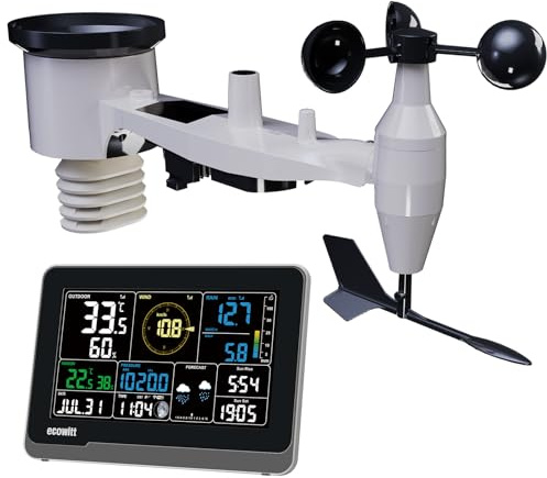 ECOWITT Väderstation 3903, 5-i-1 trådlös utomhusväderstation sensor WN67 (inte soldriven, inget UV-ljus), 7,5-tums 3-i-1 LCD-skärm för inomhusfärg, integrerad inomhussensor, väderassistent