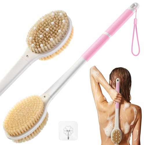 Back Scrubber for Massage Dry Brushing: Body Brush for Shower with 18.1 in Anti Slip Long Handle - Bath Brush Washer for Exfoliating Lymphatic Drainage Improving Skin Health for Women Men Elderly Pink