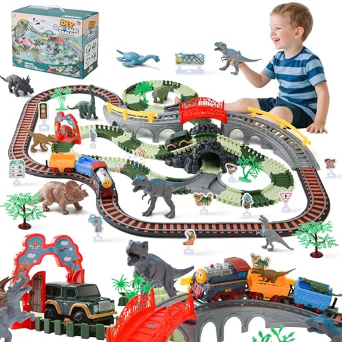 LTFIOON Dinosaurio Juguetes Pista de Carreras, 259 Piezas Pista de Coches para Niños, Tren electrico Juguete niños, Vías de Tren Flexibles, Circuito Coches Navideños Regalos 3 4 5 6 7 8 Años