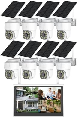 AKAVIG Kit de cámara de seguridad PTZ de 8 canales para exteriores de 4 MP con energía solar con monitor LCD, sistema NVR de vigilancia inalámbrica WiFi con detección de movimiento, audio de 2 vías