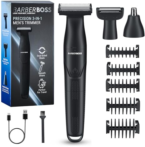 BarberBoss Set per la toelettatura dei dettagli, 3 in 1, per uomo, barba, parrucchiere, body groomer, trimmer naso e orecchie, rasoio senza fili con ricarica USB (Nero)