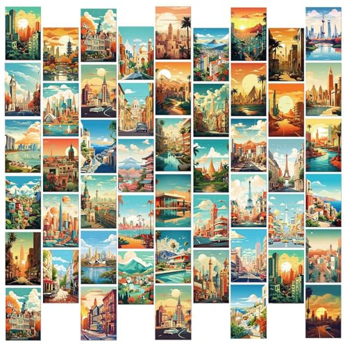 50pcs Vintage Travel Postcards Set World Landmarks Postcard Retro Travel Posters Cards Wall Art Decoration Post Card Set Retro Greeting Cards Scrapbooking Paper for DIY Craft Hoom Decor (E)