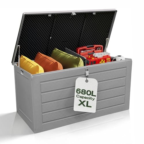 Olsen & Smith 680L Outdoor Garden Storage Box, Weatherproof Heavy Duty Wood Effect Outdoor Storage Box, Lockable Large Storage Box with Lid, Padlock, Sit On Bench, 146 x 71 x 75 cm, Tool Cushion Chest