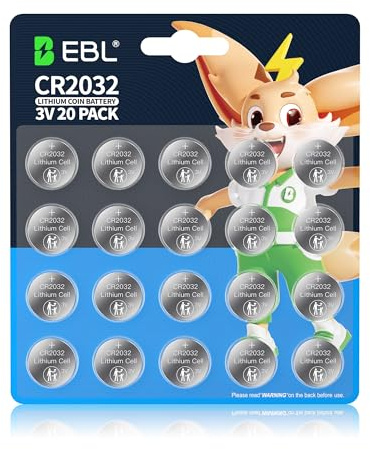 EBL CR2032 Batteries 3V Coin Battery 20 Pack, 2032 Battery Long-Lasting Power, Child-Proof Package