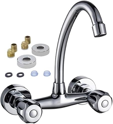 Rubinetto per lavello da cucina con doppia maniglia per montaggio a parete con distanza centrale regolabile, ottone Cromato Miscelatore Acqua Calda e Fredda con Manopole