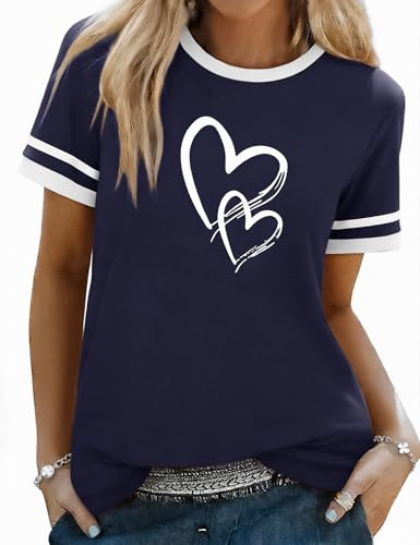 Aottori T Shirt Femme Coton Col Rond Manches Courtes Imprimé Coeur Basique | Respirant léger, Souple extensible, Été quotidien, Loisirs et voyage, Sport décontracté, Y2K graphique