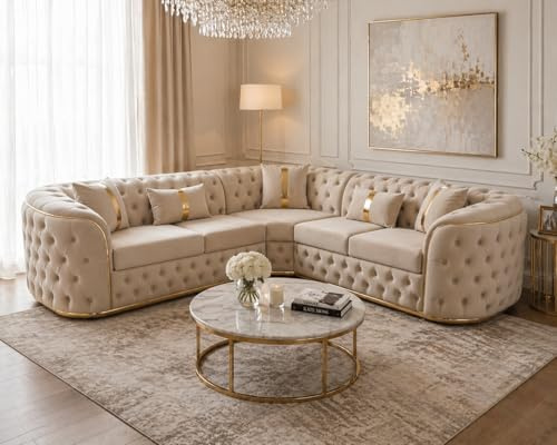Stratus Interiors Ambassador Sofa Chesterfield Toronto Metal Trim Fabric - No Frills - L Shape Corner sofa- Gold Trim