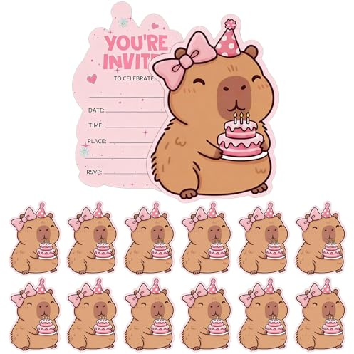 12Pcs Capybara Party Invites Cards, Pink Birthday Party Invitations with Information Fields, Parties Invitation Cards for Girls Boys & Youth, Capybara Invites Card for Celebration and Family Gathering