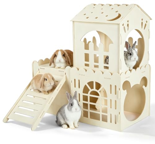 Large Wooden Rabbit Castle, Wooden Bunny House with 3 Houses Indoor and Ladder, Rabbit Guinea Pig Cage Multistory Climbing Tower Sturdy, Small Animal Hideaway Tunnel