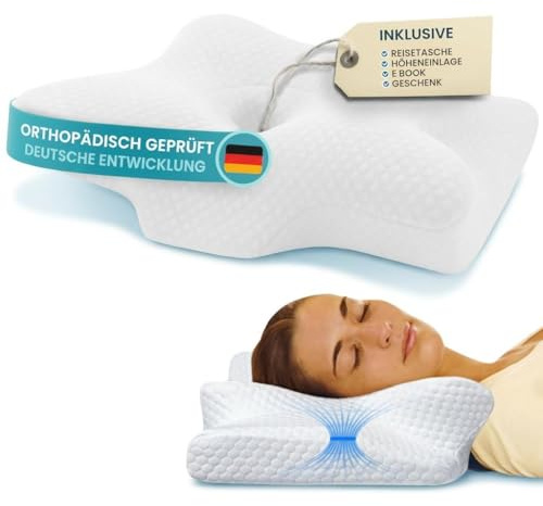 fitkissen® Orthopädisches 4D Kopfkissen - Nackenkissen gegen Nackenschmerzen | Anti Schnarch Memory Foam Nackenstützkissen Rücken-, Bauch- & Seitenschläferkissen Deutsche Entwicklung, Höhenverstellbar