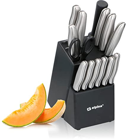 alpina Messerblock 15-Teilig - Messerset mit Block - Küchenmesser Set - 12 Verschiedener Messer - Inkl. Schärfer und Schere mit Antihaftbeschichtung - 29 x 13 x 35 CM - Edelstahl