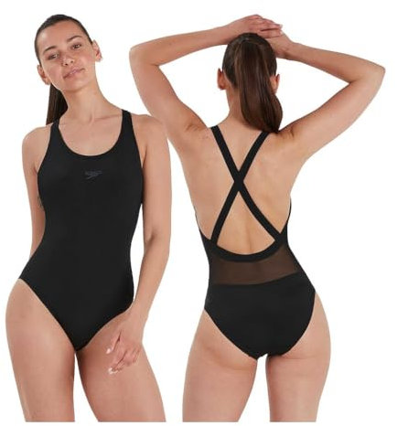 Speedo Damen Eco Endurance+ Power Cross Back Badeanzug | Athletische Passform | Klassisches Design | Recyclingmaterial | Chlorbeständig | Besonders flexibel Schwimmbekleidung, Schwarz, 38