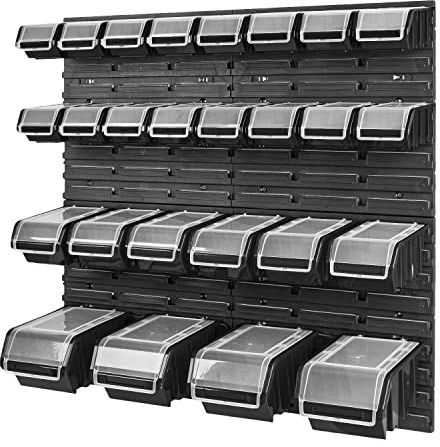 PAFEN Stapelbox Wandregal - 772 x 780 mm - Lagersystem 26 Stück Boxen mit Deckel - Lagerregal Sichtlagerkästen Schüttenregal, Schwarz