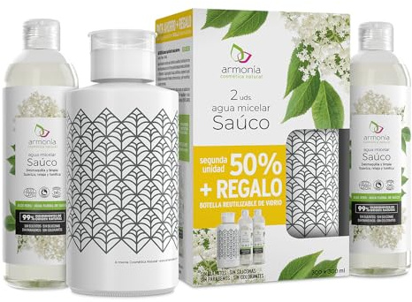 Armonía Cosmética Natural - Pack Agua micelar Saúco BIO 300ml + 300ml - Desmaquilla y limpia - Suaviza, Relaja y Tonifica - Vegano