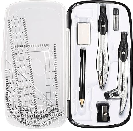 Zirkel Sets, 10 Stück Geometrie Set für Zirkel Grundschule ab 4. Klasse, Schule ab 5. Klasse,mit Zirkel, Bleistift, Radiergummi, Spitzer, Winkelmesser, Geodreiecken, Lineal und Aufbewahrungsetui