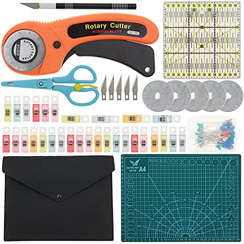 Acemall Rotary Cutter Set 96 PCS Quilting Kit 45mm Fabric Cutters Set with 5 Extra Cutters A4 Cutting Mat Acrylic Quilting Ruler, Perfect Set for Cutting Fabric, Paper, Leather, Cloth