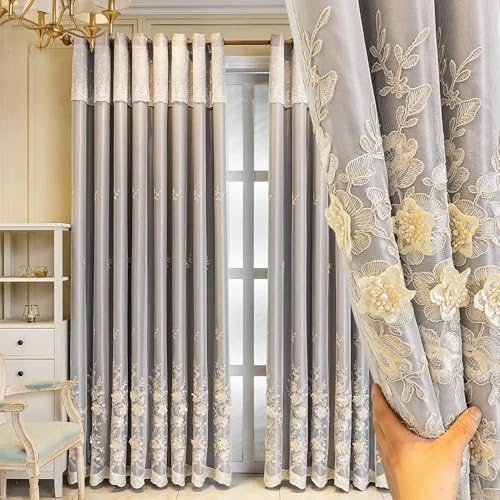 Amidoudou Luxury 3D Embroidered Curtains with Valance, 1 Pair European Double Layer Flower Curtains for Living Room Bedroom, Grey, 66 x 90 Inch