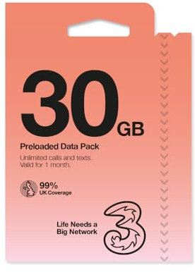 Three Mobile PAYG Voice SIM Pack - 30GB - £15