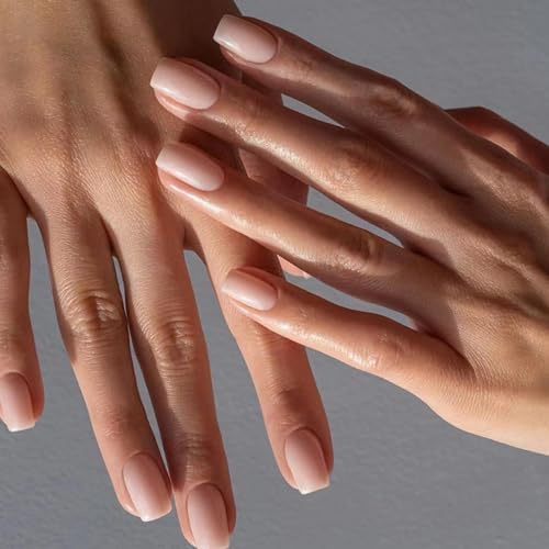 24 Pezzi Unghie Finte Corte Quadrate Francese Lucide Tinta Unita Stampa sulle Unghie Copertura Completa Adesive Artificiali Unghie Press on Nails per Donna Ragazze Manicure Fai da Te (Nudo Chiaro)