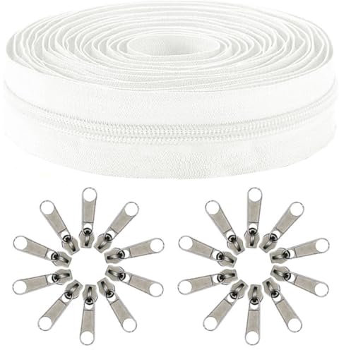 Amykite Endlos Reißverschluss für Bettwäsche,4mm 10m Reißverschluss Meterware mit 20 Metall Schieber,#3 Nylon Endlosreißverschluss mit Zipper Weiß, für Taschen,Kleidung,Bettwäsche Kissen usw.