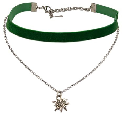 Alpenflüstern Trachten-Samt-Kropfband Strassedelweiss-Kette - nostalgische Trachtenkette enganliegend, Kropfkette elastisch, Damen-Trachtenschmuck, Samtkropfband schmal (waldgrün) DHK332