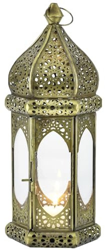 Marrakesch Boho Deko Teelichthalter Windlicht aus Metall & Glas Leyth 32cm | Orientalische Kerzenhalter Laterne modern als Marokkanische Balkon Garten oder Ramadan Deko | Gartendeko für draußen