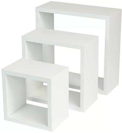 Kiswa collection Set of 3 Wooden Floating Cube Shelves – Wall-Mounted Square Box Storage Decoration Display for Bedrooms, Kitchen, Living Room, office (White, Set of 3)