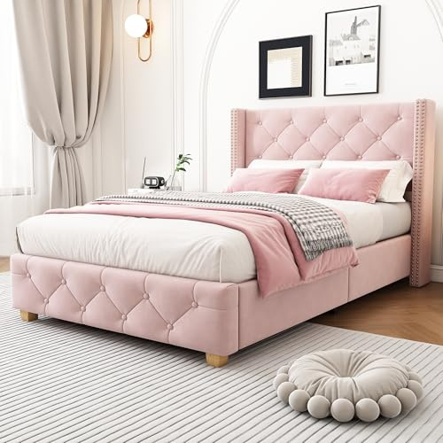 ModernLuxe Upholstered 3FT Single Bed, Elegant Bed Frame with Reinforced Slatted Base, Classic Button-Tufted Headboard, Stylish Rivet Upholstery Detailing, Wooden Legs, Velvet, Pink, 90x190cm