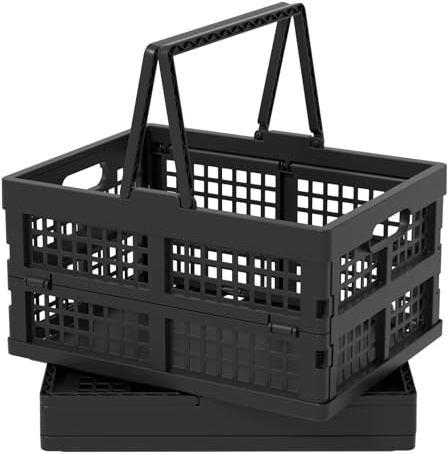 Zopnny 15 L Plastic Folding Storage Crate with Handles, Collapsible Shopping Basket, 2 Packs, Black, F